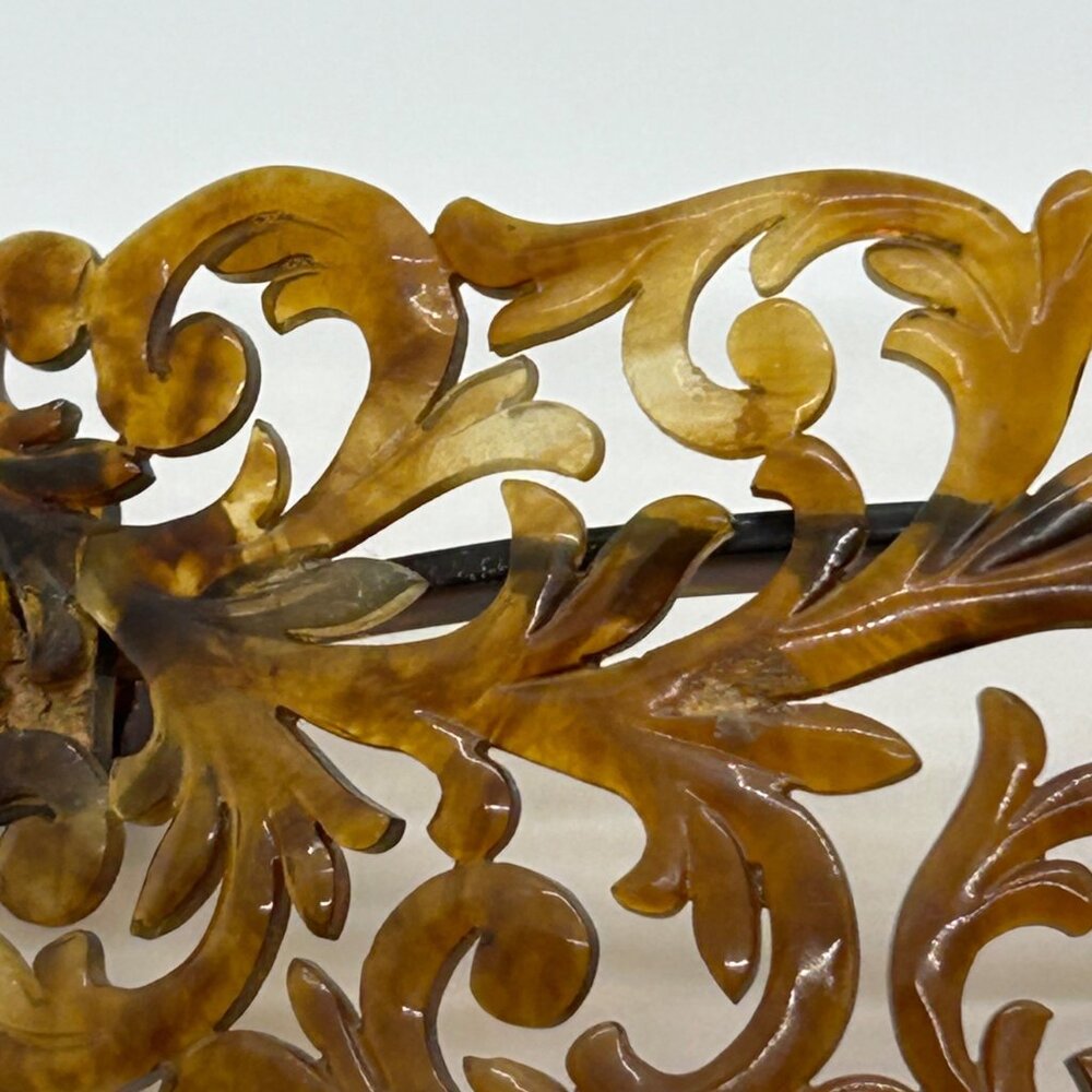 Antique Edwardian Carved Hair Comb Best-Hold Patent 1907 Clasp Celluloid Brown - Picture 12 of 16